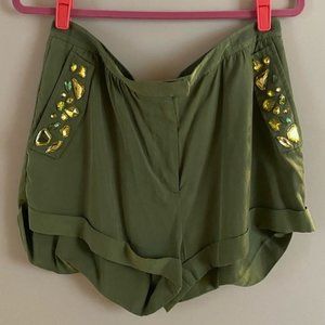 H&M Green Shorts • Embellished • Jewels • Front Pockets • Boho
